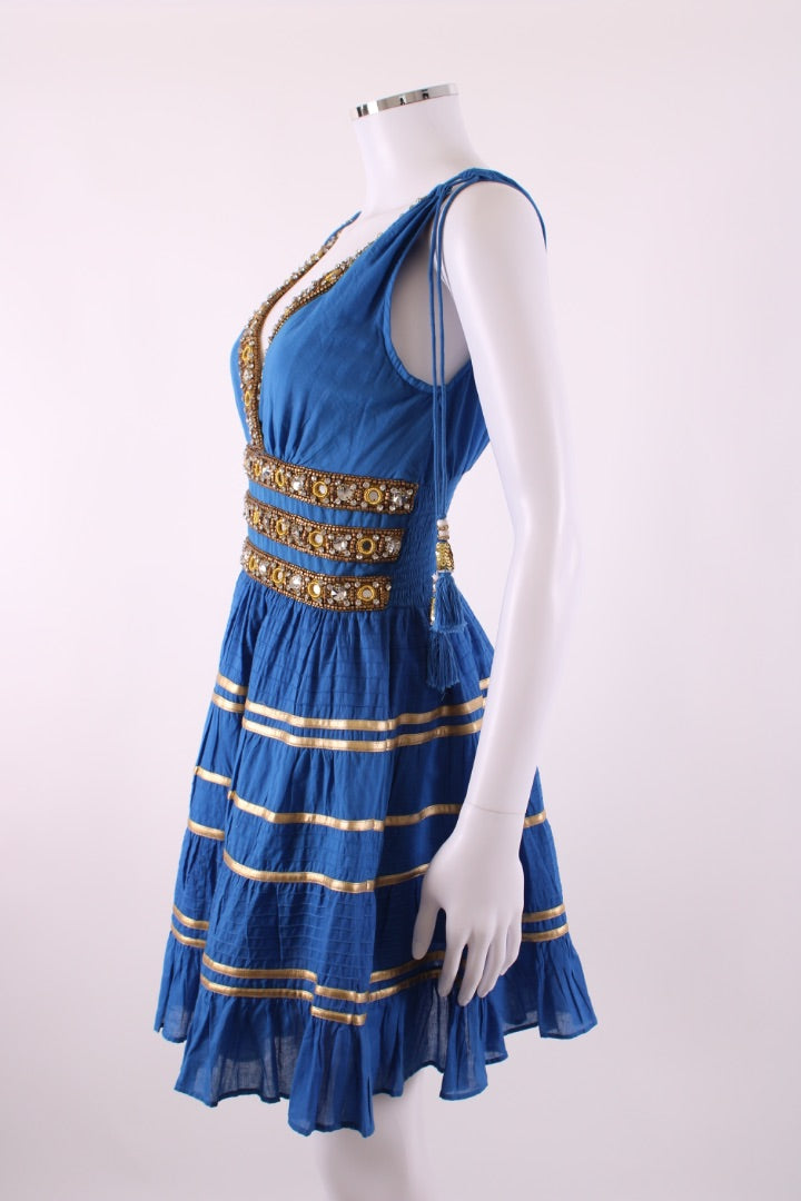 Las Noches Ibiza S/S Beaded Detail Dress Blue/ Gold S | Default Title, Blue