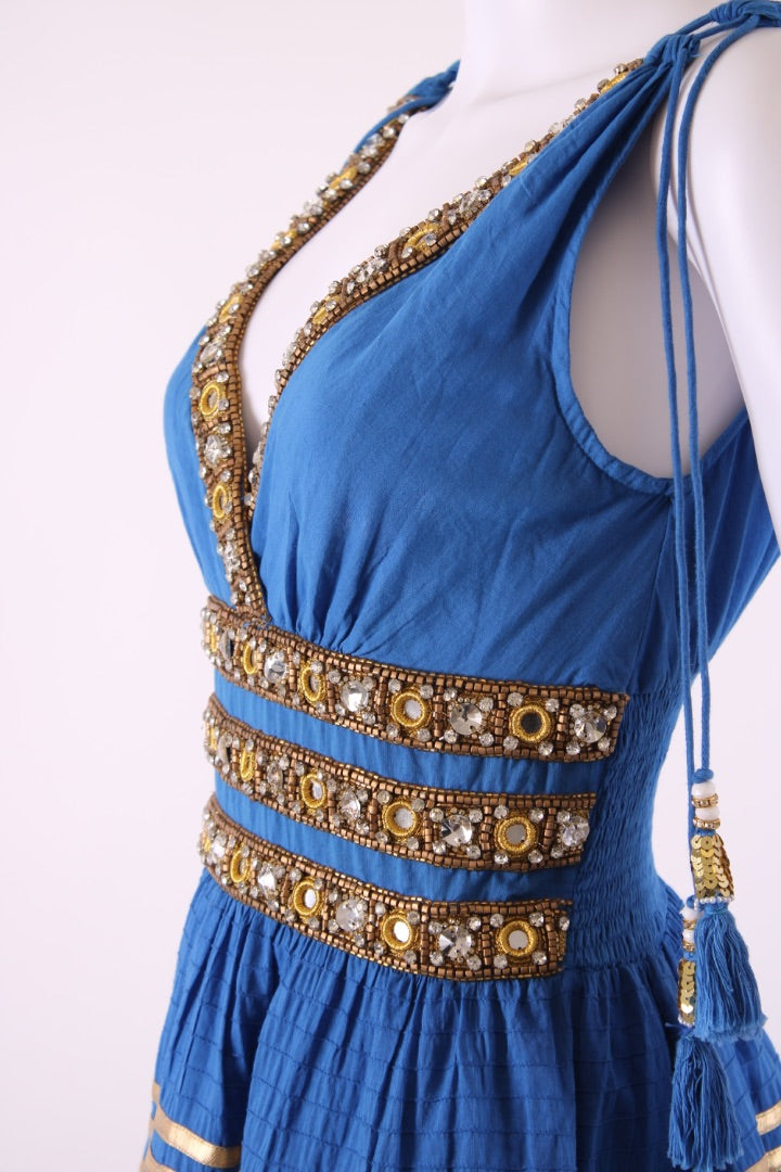 Las Noches Ibiza S/S Beaded Detail Dress Blue/ Gold S | Default Title, Blue