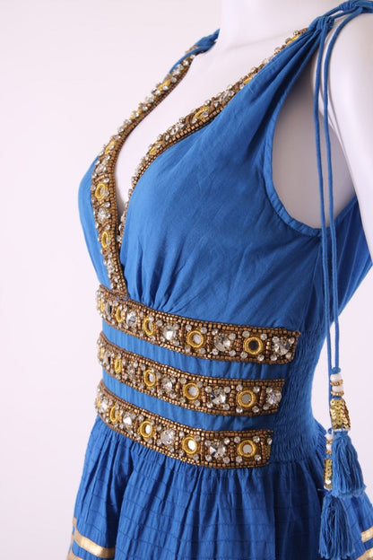 Las Noches Ibiza S/S Beaded Detail Dress Blue/ Gold S | Default Title, Blue