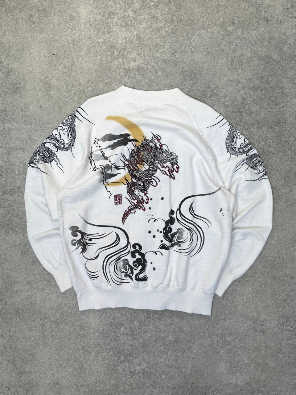 Karakuri Dragon Embroidered White Zip Up Sweater