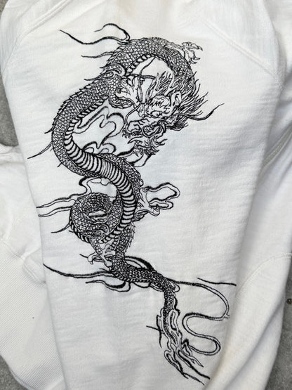 Karakuri Dragon Embroidered White Zip Up Sweater