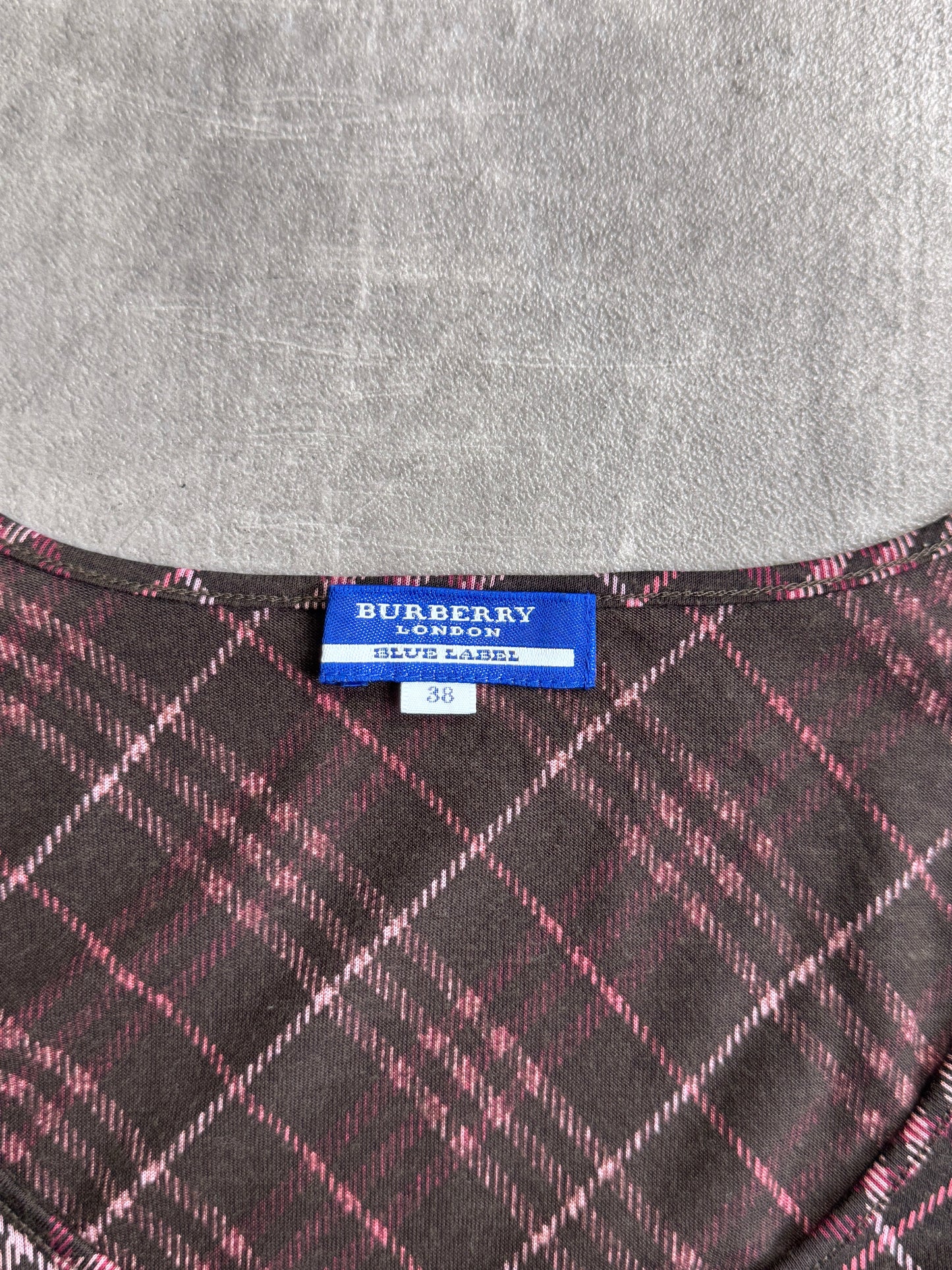Burberry Blue Label Pink Nova Check V-Neck Tee