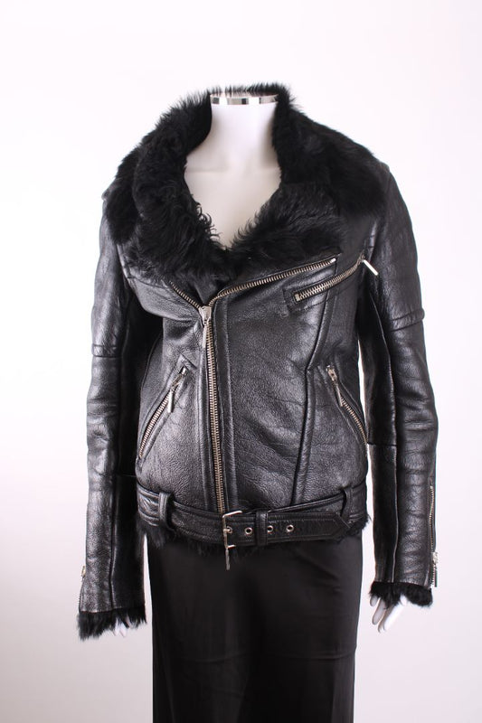 Plein Sud Jeans Leather Shearling Jacket Black 10 | Medium, Black