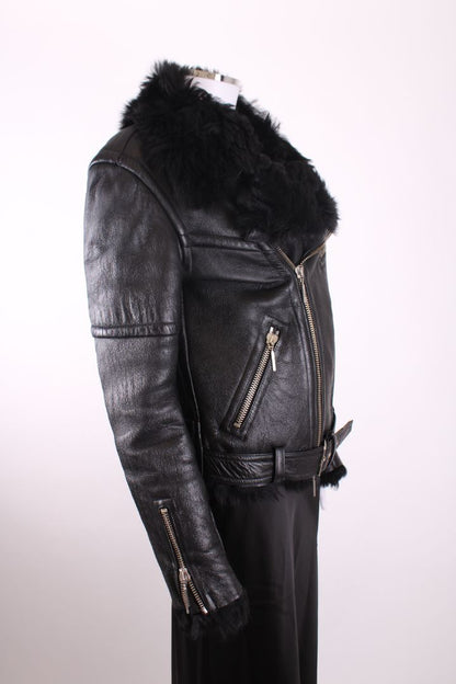 Plein Sud Jeans Leather Shearling Jacket Black 10 | Medium, Black