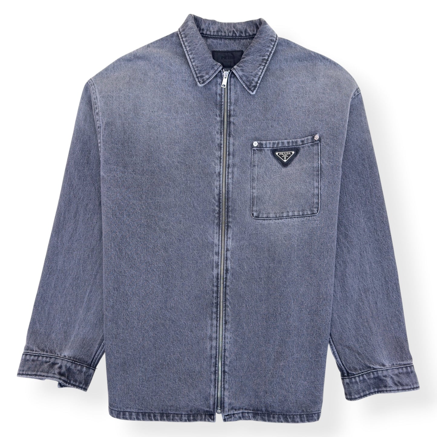 PRADA TRIANGLE LOGO DENIM ZIP OVERSHIRT GREY XXL | XXL, Grey