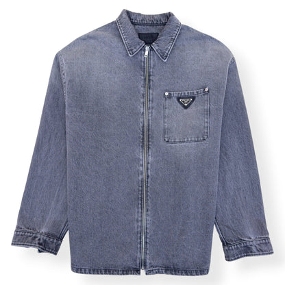 PRADA TRIANGLE LOGO DENIM ZIP OVERSHIRT GREY XXL | XXL, Grey
