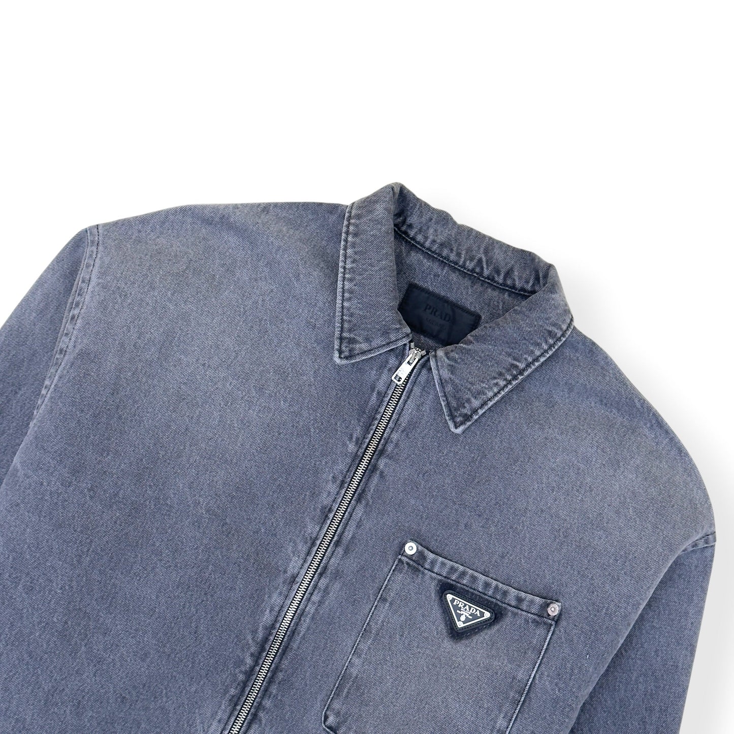 PRADA TRIANGLE LOGO DENIM ZIP OVERSHIRT GREY XXL | XXL, Grey