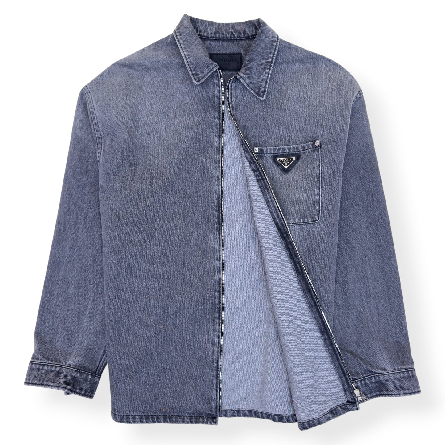 PRADA TRIANGLE LOGO DENIM ZIP OVERSHIRT GREY XXL | XXL, Grey