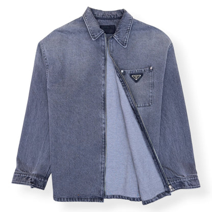 PRADA TRIANGLE LOGO DENIM ZIP OVERSHIRT GREY XXL | XXL, Grey