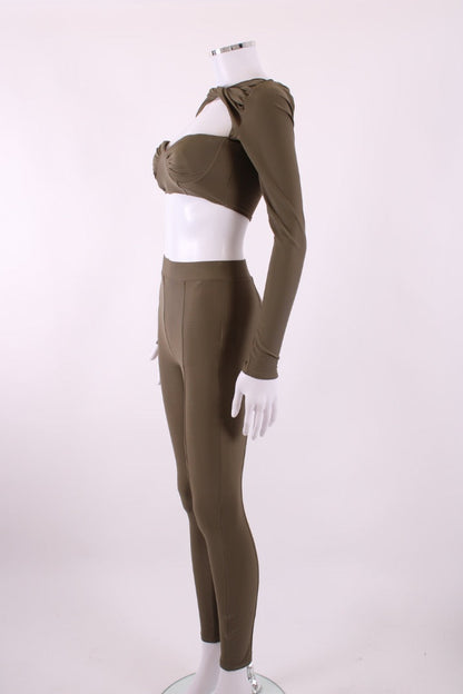 Alex Perry Twisted Cut Out Crop Top & Leggings Khaki S | Default Title, Khaki