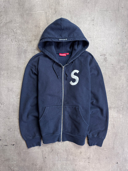 Supreme S Embroidered Logo Full Zip Navy Cotton Hoodie