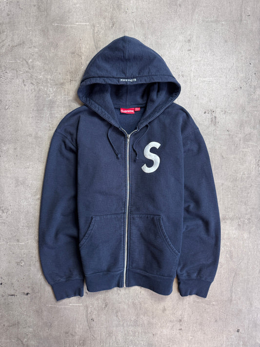 Supreme S Embroidered Logo Full Zip Navy Cotton Hoodie