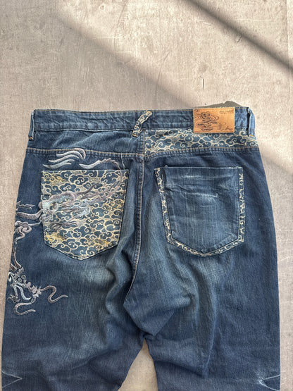 Big Train Abstract Embroidered Acid Wash Jeans