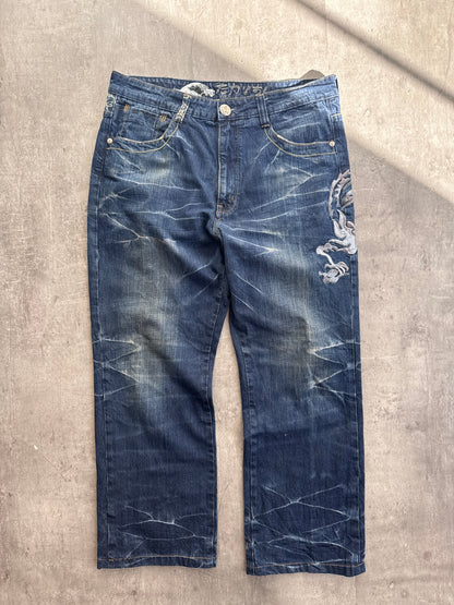 Big Train Abstract Embroidered Acid Wash Jeans