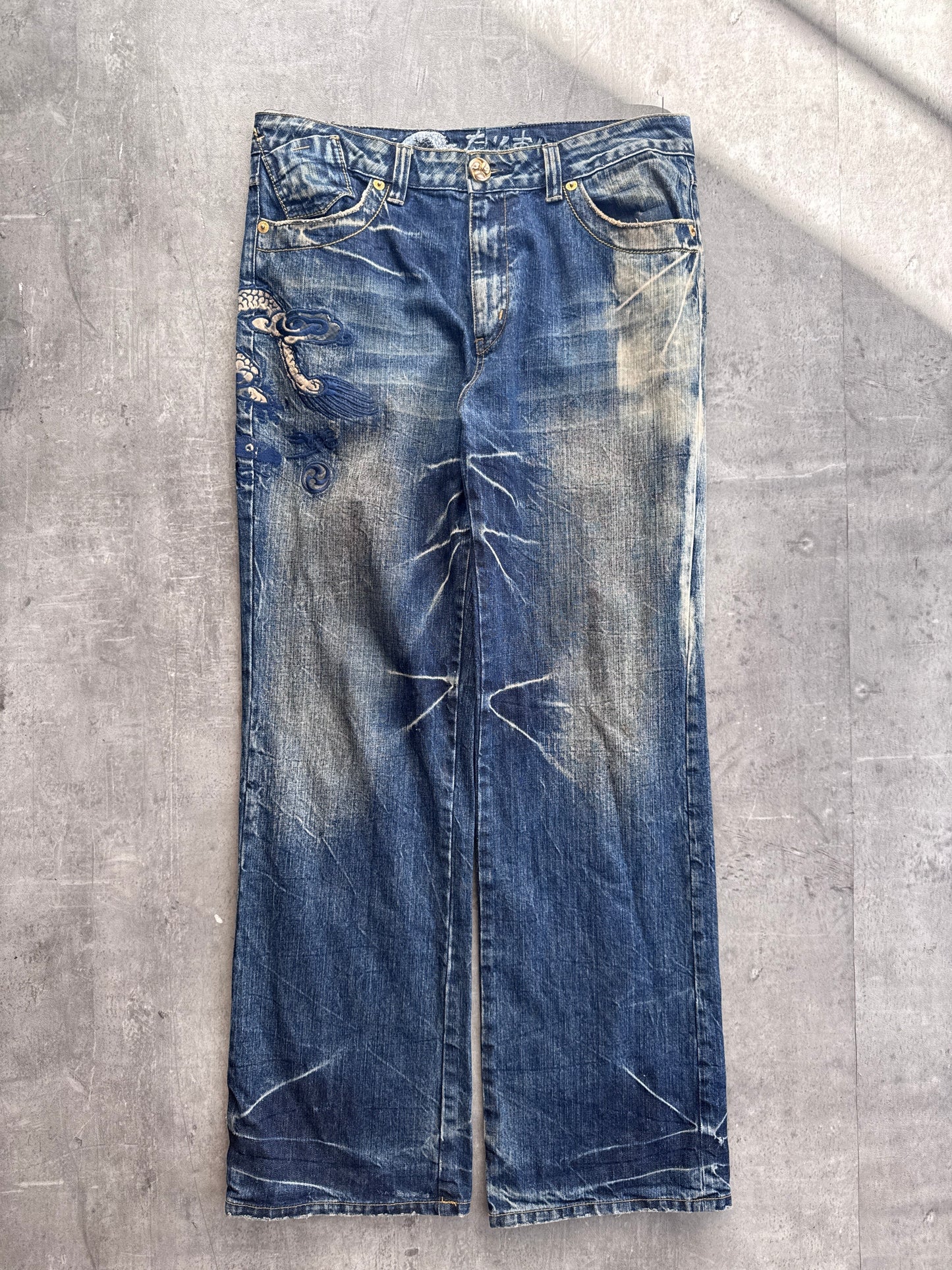 Big Train Dragon Embroidered Acid Wash Jeans