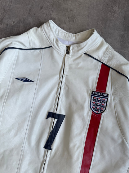VT Rework: England "7" White Leather Moto Jacket | Large, Multicoloured