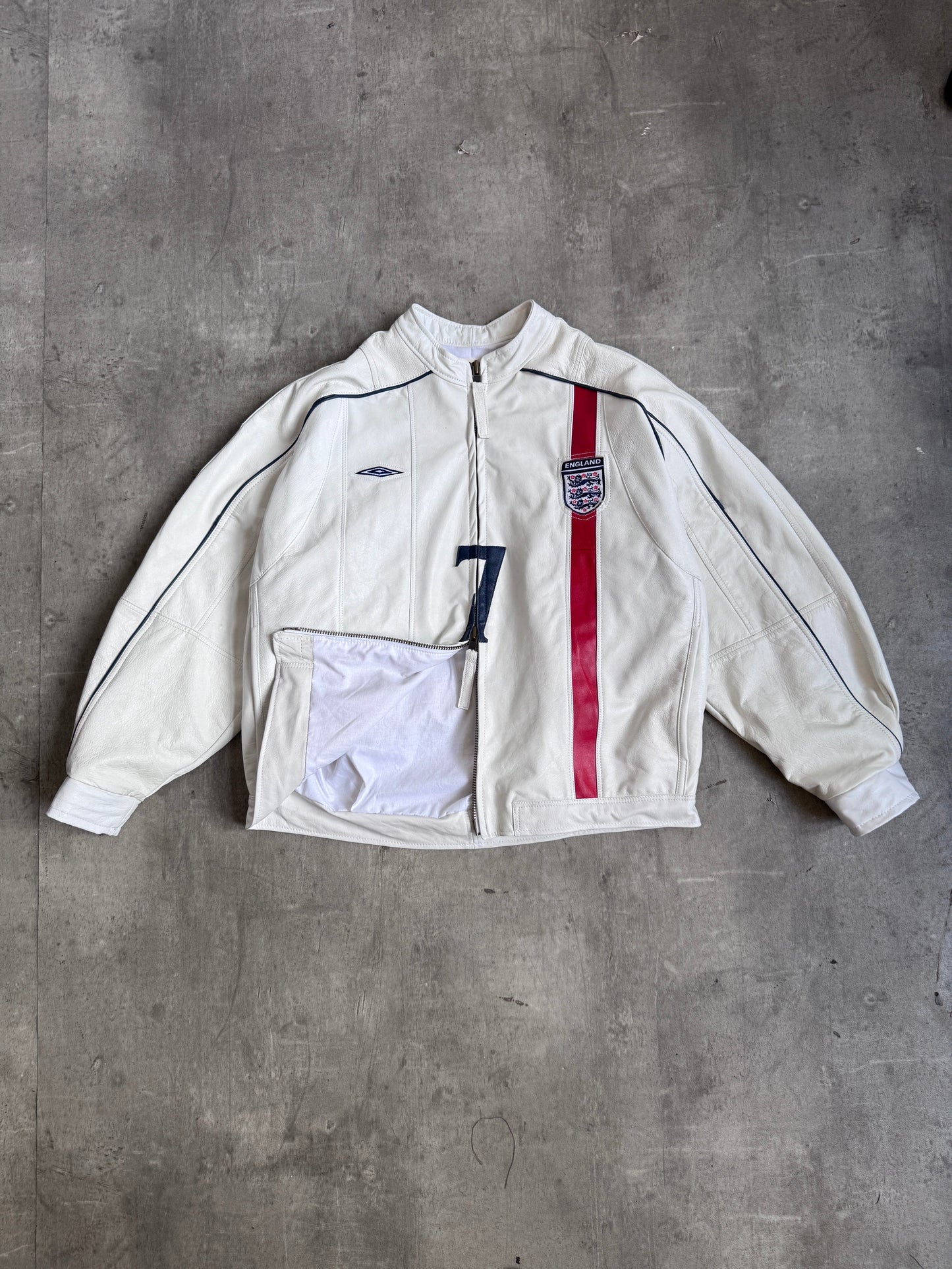 VT Rework: England "7" White Leather Moto Jacket | Large, Multicoloured