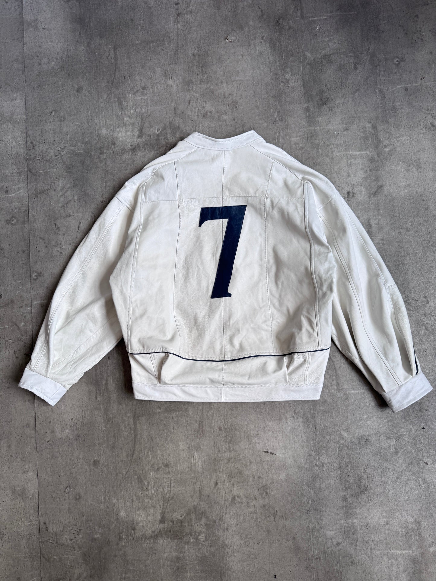 VT Rework: England "7" White Leather Moto Jacket | Large, Multicoloured