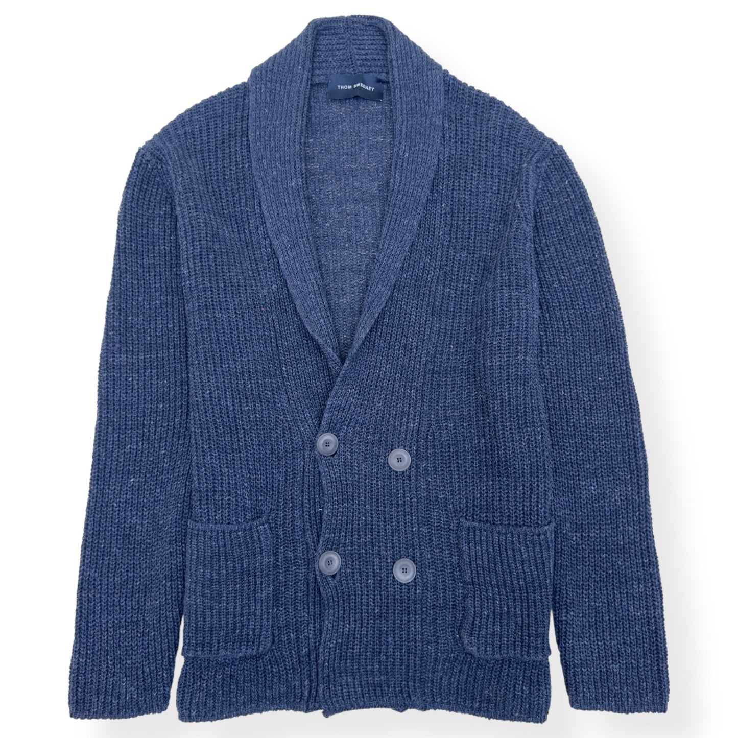 THOM SWEENEY LINEN SHAWL COLLAR RIBBED CARDIGAN BLUE M | Medium, Blue