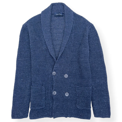 THOM SWEENEY LINEN SHAWL COLLAR RIBBED CARDIGAN BLUE M | Medium, Blue