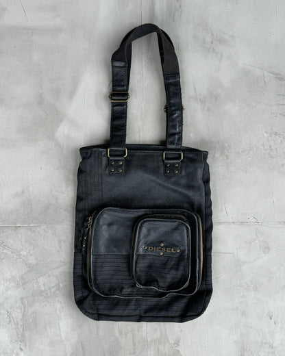 DIESEL BLACK LEATHER & CANVAS MULTI POCKET TOTE BAG