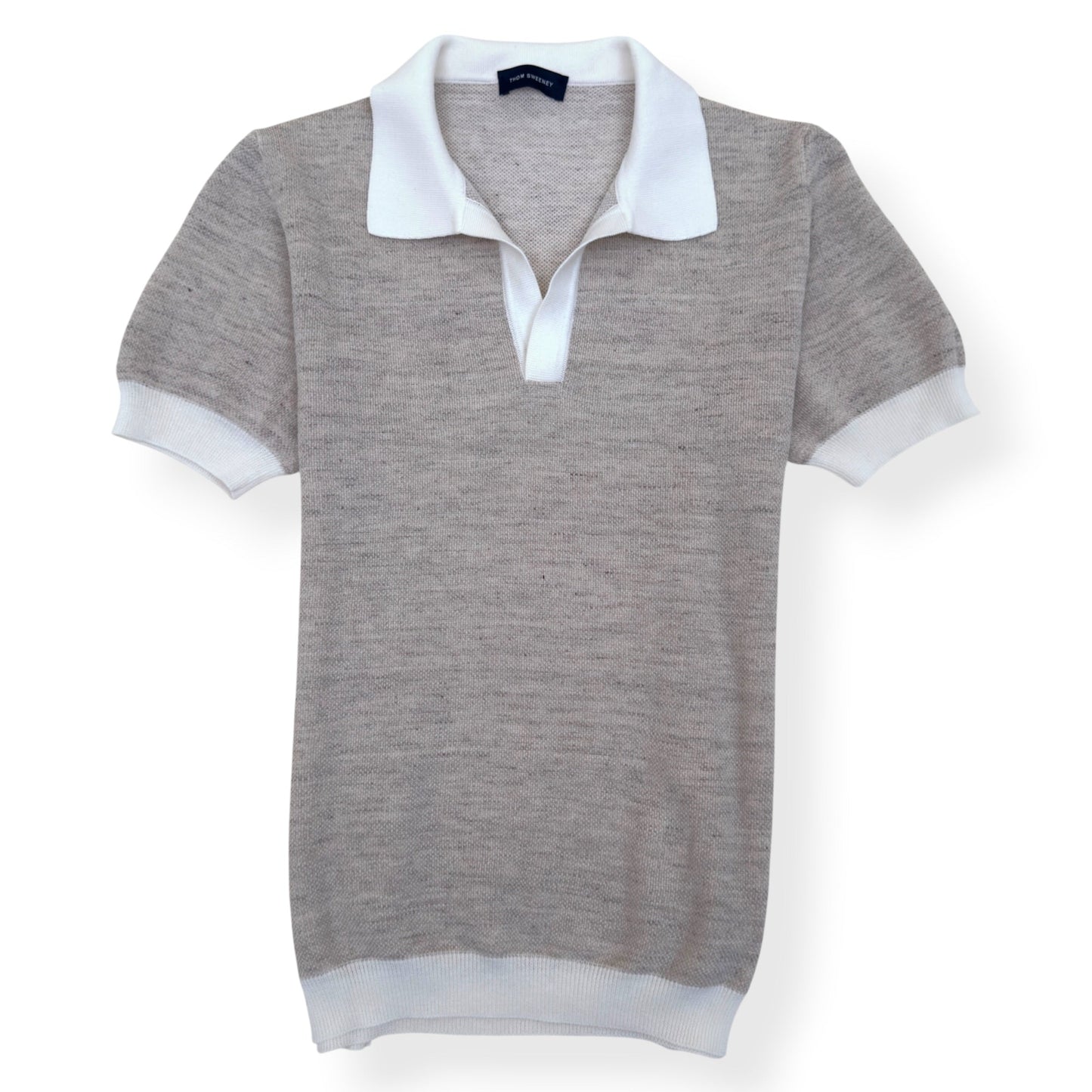 THOM SWEENEY COTTON / LINEN SHORT SLEEVE KNIT POLO GREY / WHITE M | Medium, Grey