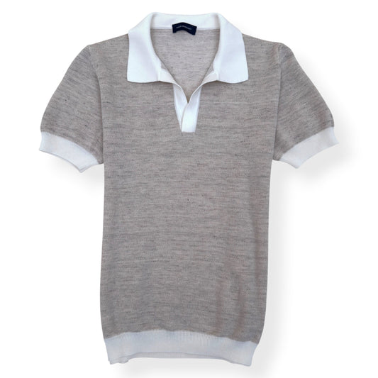 THOM SWEENEY COTTON / LINEN SHORT SLEEVE KNIT POLO GREY / WHITE M | Medium, Grey
