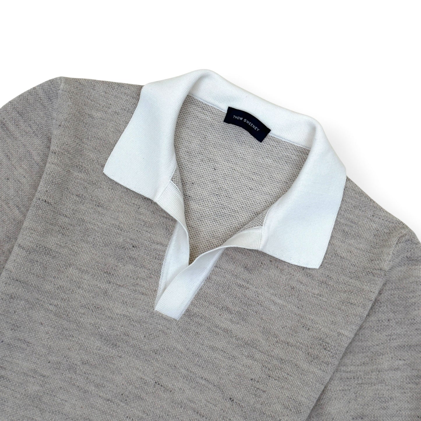 THOM SWEENEY COTTON / LINEN SHORT SLEEVE KNIT POLO GREY / WHITE M | Medium, Grey