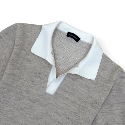THOM SWEENEY COTTON / LINEN SHORT SLEEVE KNIT POLO GREY / WHITE M | Medium, Grey