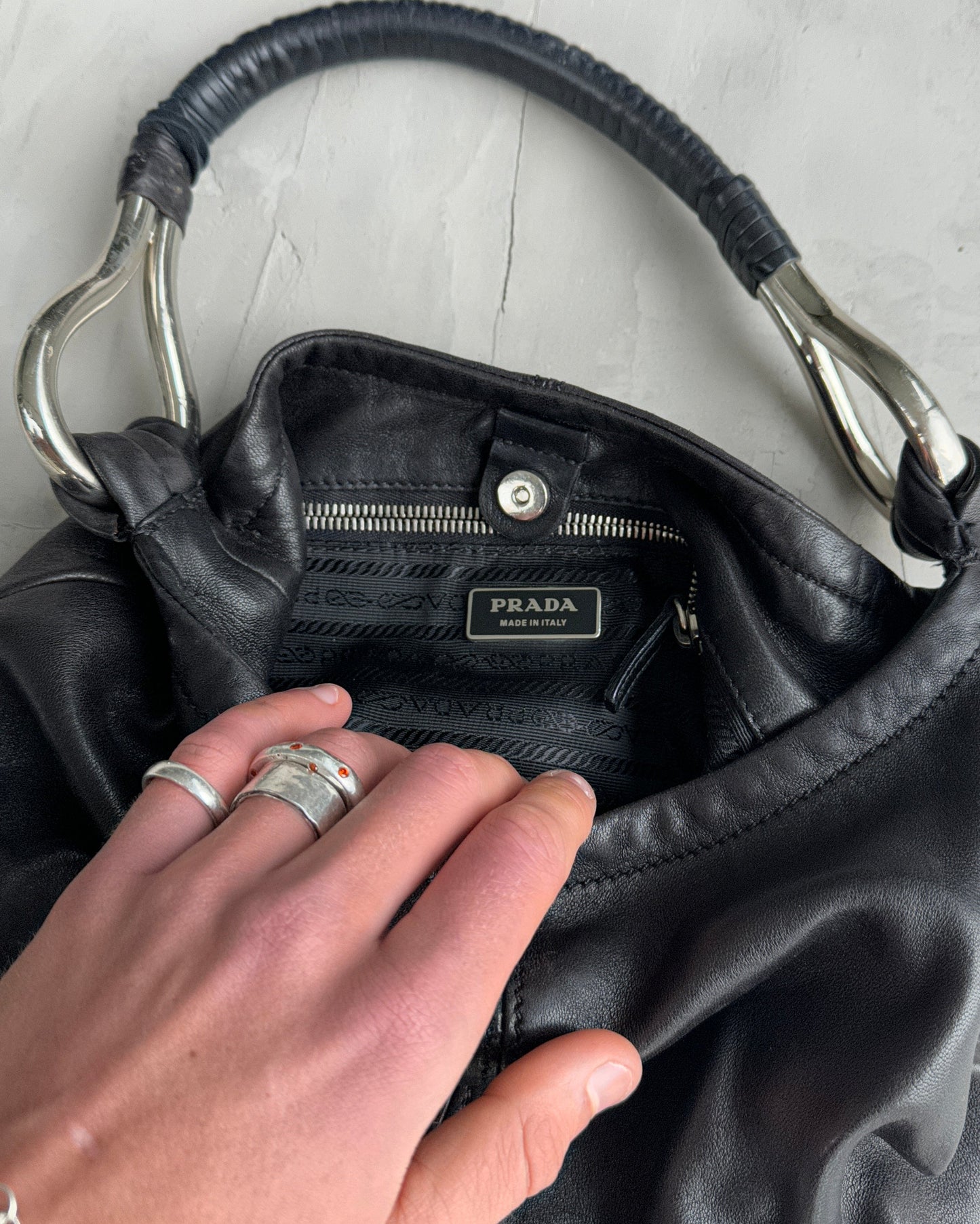 PRADA 90'S SILVER & BLACK LEATHER SHOULDER BAG | O/S, Multicoloured