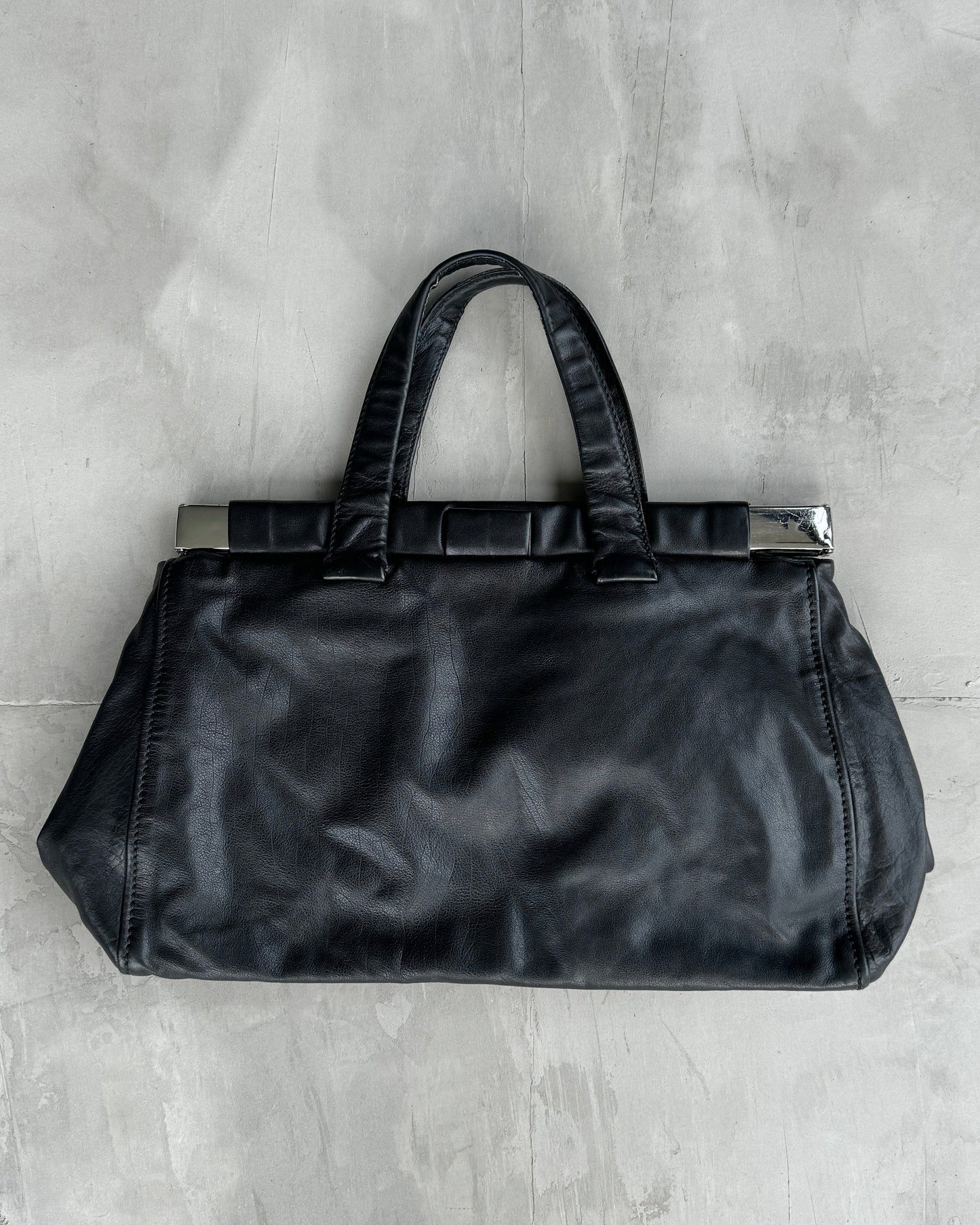 MIU MIU 90'S BLACK LEATHER & CHROME BAR SHOULDER BAG | O/S, Black