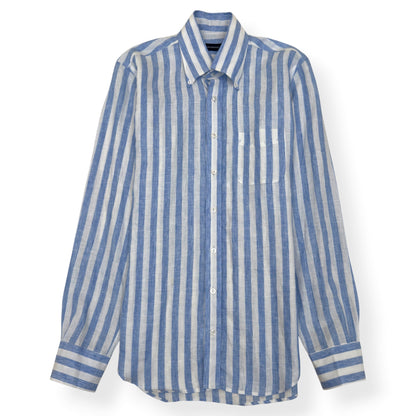 THOM SWEENEY STRIPED LINEN SHIRT BLUE WHITE 16 / L | Large, Blue