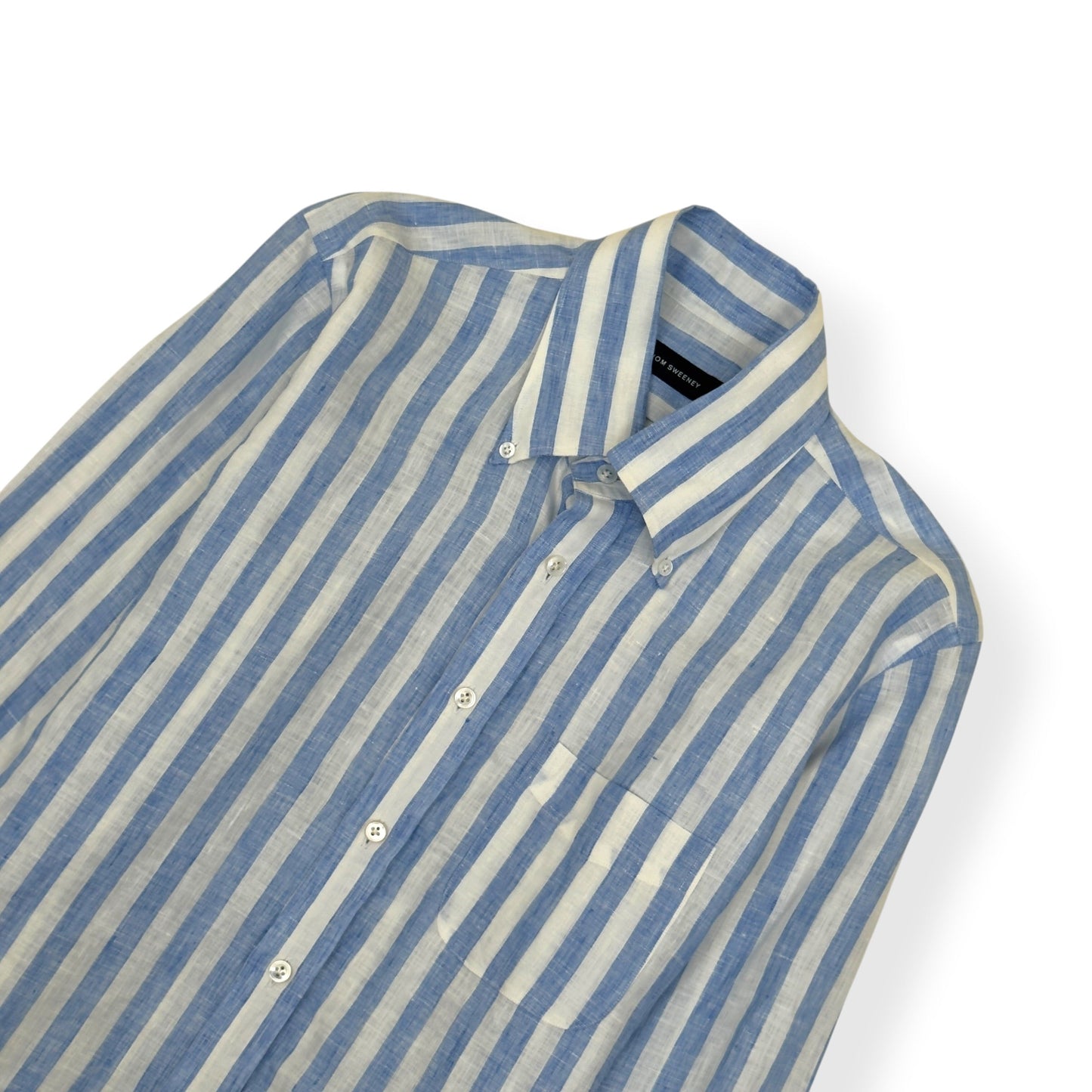THOM SWEENEY STRIPED LINEN SHIRT BLUE WHITE 16 / L | Large, Blue