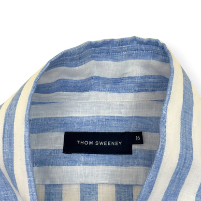 THOM SWEENEY STRIPED LINEN SHIRT BLUE WHITE 16 / L | Large, Blue