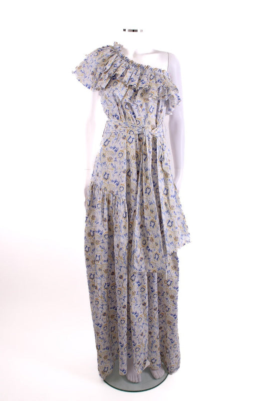 Caroline Constas One Shoulder Floral Ruffle Dress White/ Blue S | Default Title, Blue