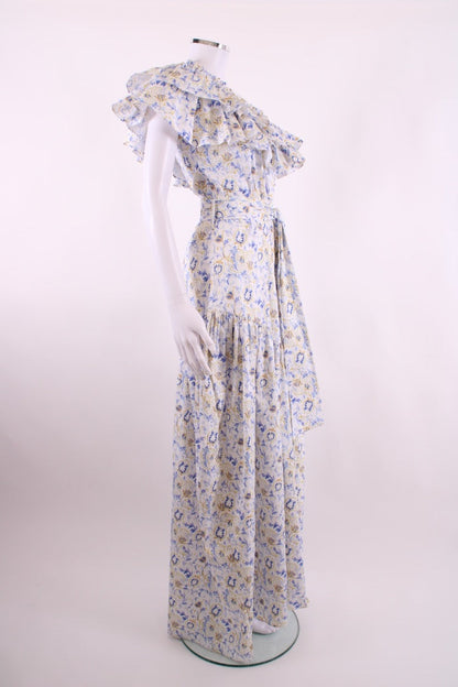 Caroline Constas One Shoulder Floral Ruffle Dress White/ Blue S | Default Title, Blue