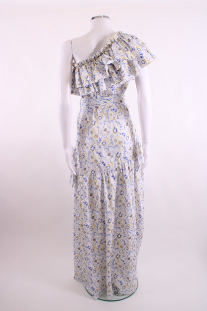 Caroline Constas One Shoulder Floral Ruffle Dress White/ Blue S | Default Title, Blue