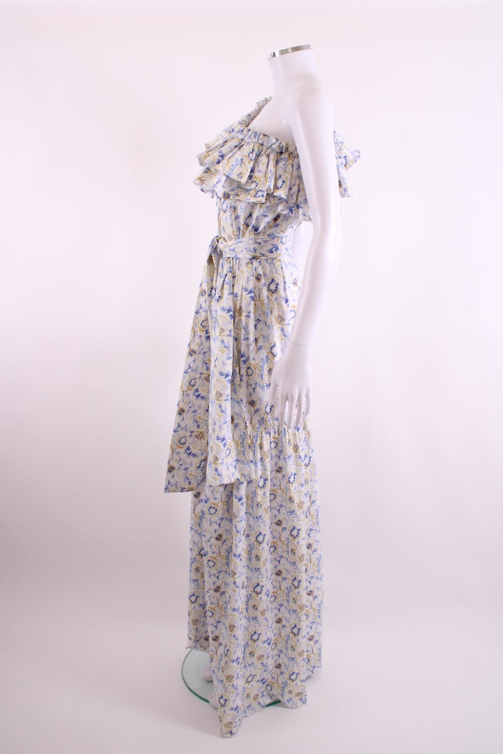 Caroline Constas One Shoulder Floral Ruffle Dress White/ Blue S | Default Title, Blue