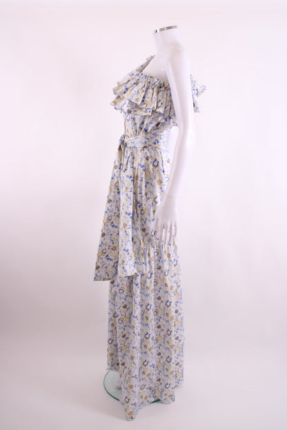 Caroline Constas One Shoulder Floral Ruffle Dress White/ Blue S | Default Title, Blue