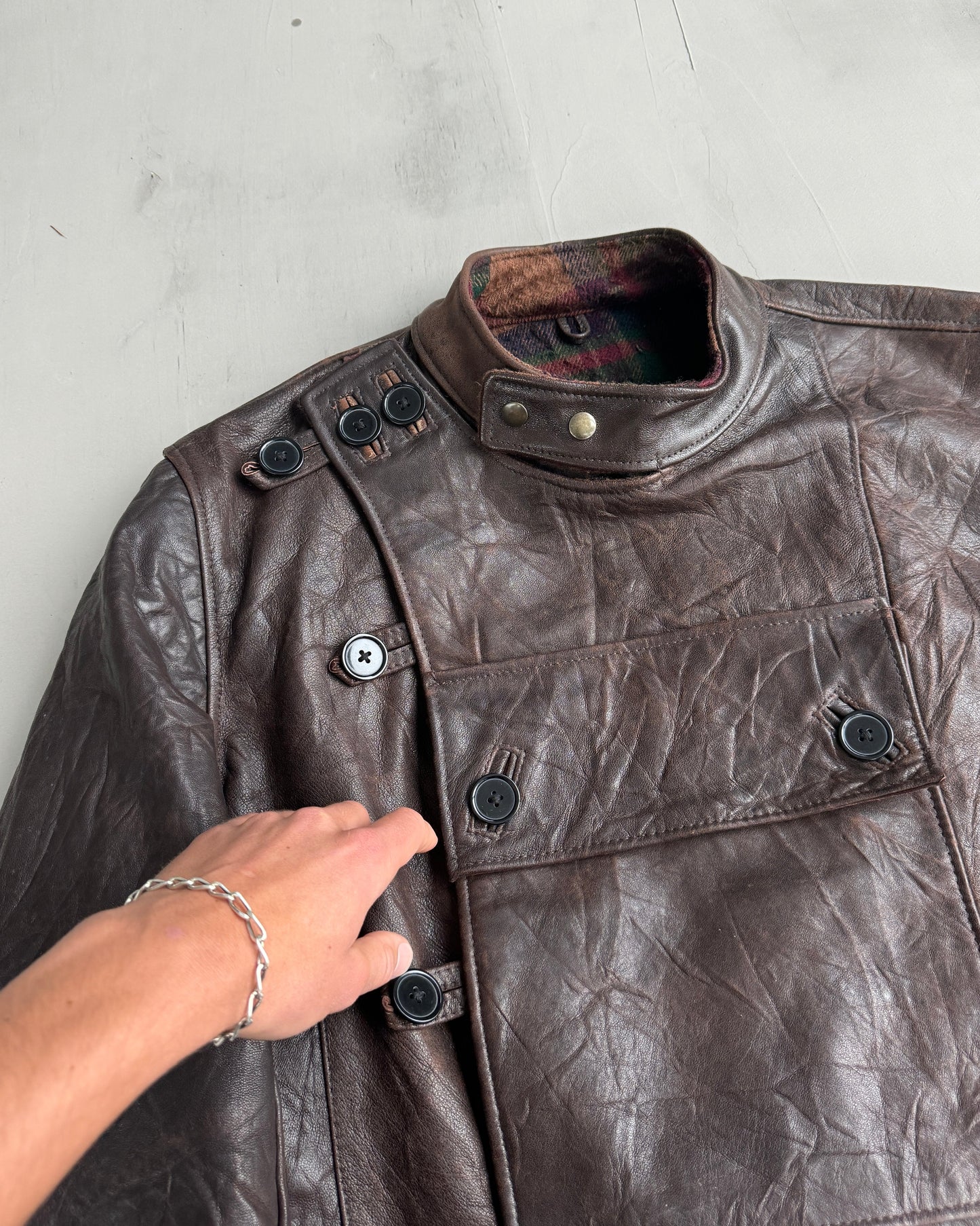 90'S SWEDISH ARMY LEATHER MOTO JACKET - L | Large, Brown