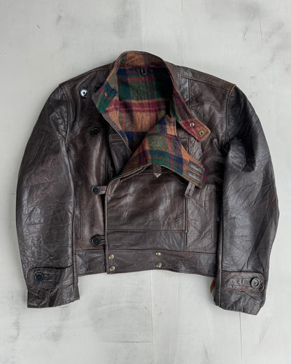 90'S SWEDISH ARMY LEATHER MOTO JACKET - L | Large, Brown