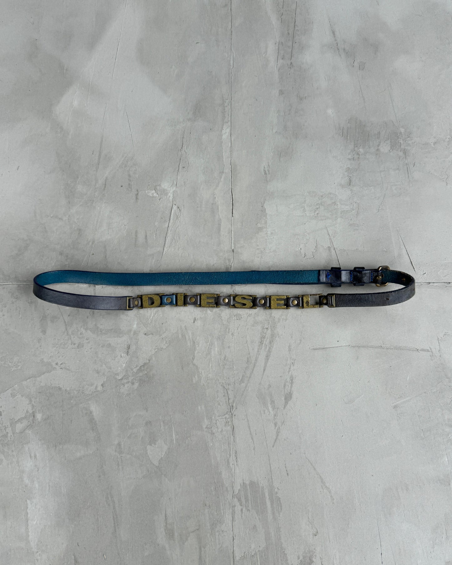 DIESEL 90'S LEATHER & METAL LOGO SKINNY BELT | O/S, Blue