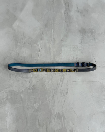 DIESEL 90'S LEATHER & METAL LOGO SKINNY BELT | O/S, Blue