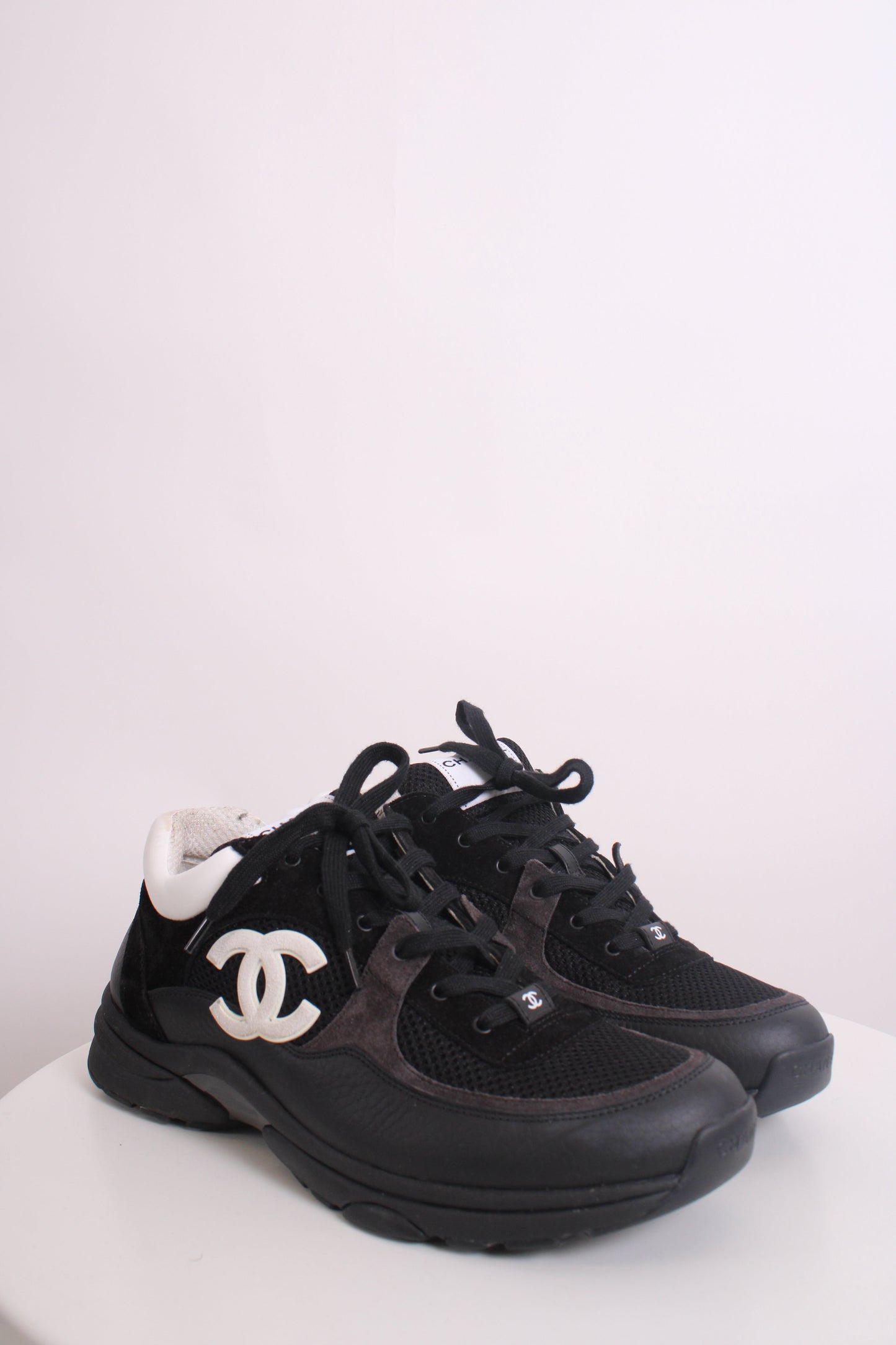 Chanel CC Mesh Suede Trainers Black/ White 44 | O/S, Black