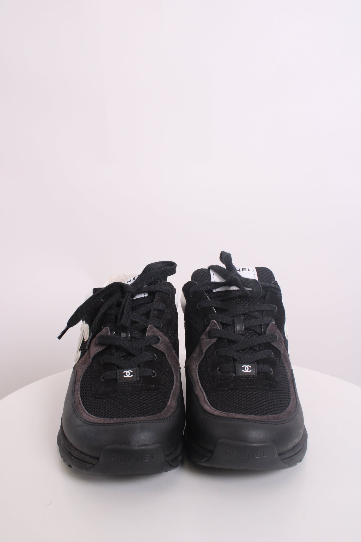 Chanel CC Mesh Suede Trainers Black/ White 44 | O/S, Black