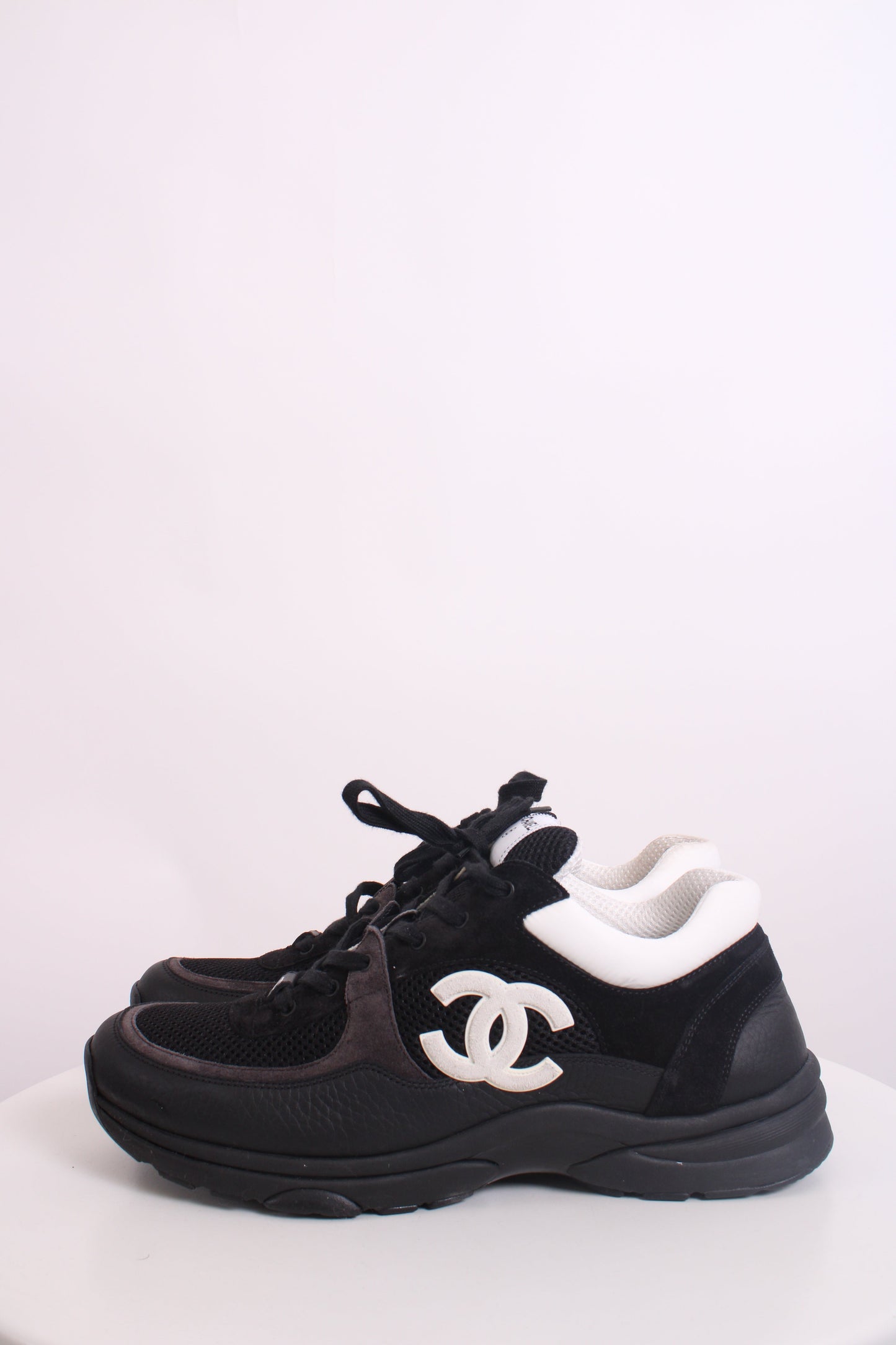 Chanel CC Mesh Suede Trainers Black/ White 44 | O/S, Black