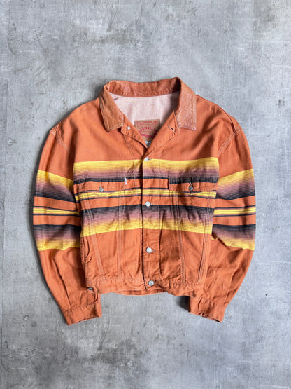 1990s Diesel Warm Tone Striped Leather Collar Trucker Jacket