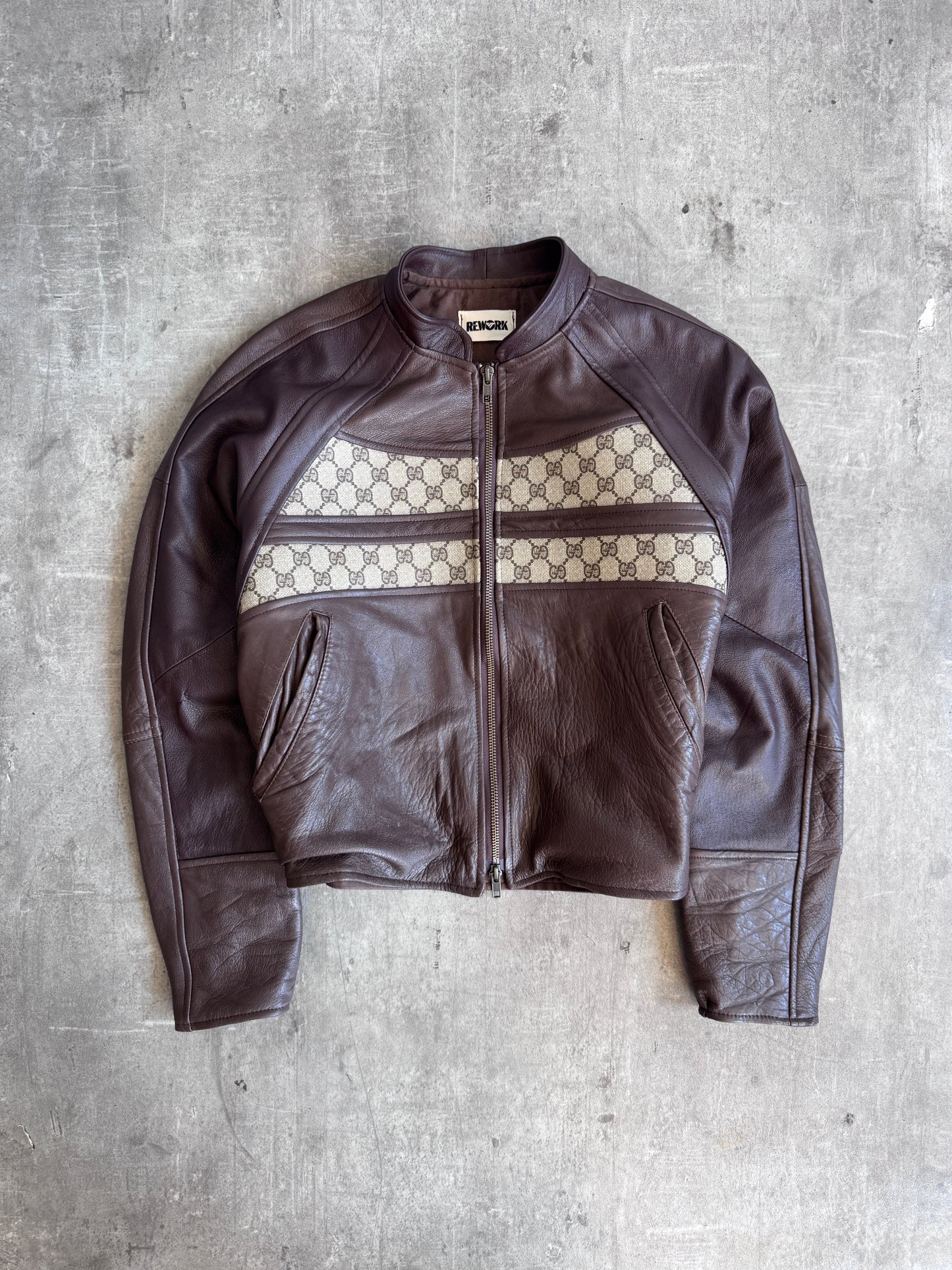 VT Rework: Gucci GG Monogram Brown Leather Cropped Jacket | Medium, Multicoloured