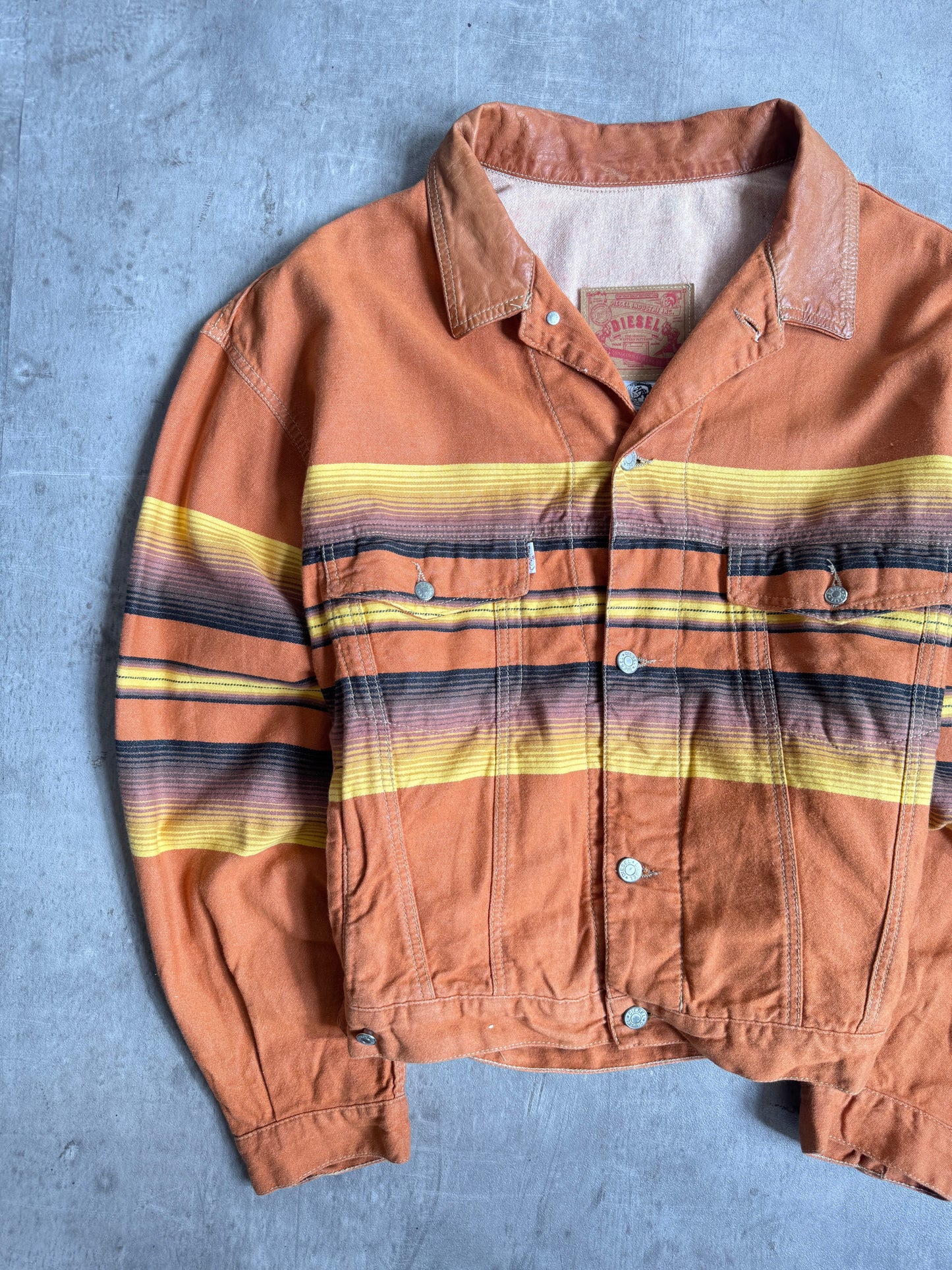 1990s Diesel Warm Tone Striped Leather Collar Trucker Jacket