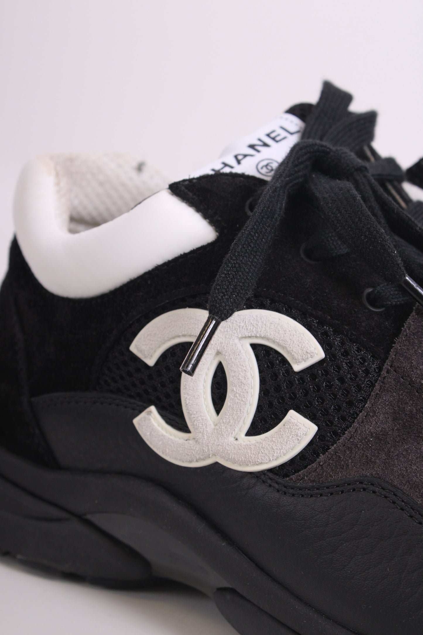 Chanel CC Mesh Suede Trainers Black/ White 44 | O/S, Black